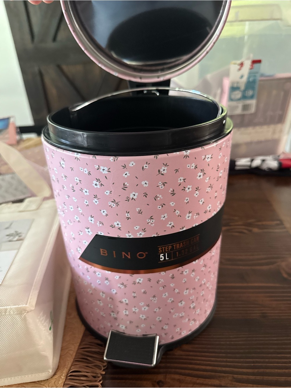 BINO Pink Floral Step Trash Can - Dorm Life 5L